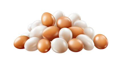 Stacked heap of white and brown eggs arranged together with natural farm fresh shells mixed poultry collection detail isolated on white background