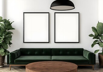 Modern Living Room Interior with Green Velvet Sofa and Empty Frames