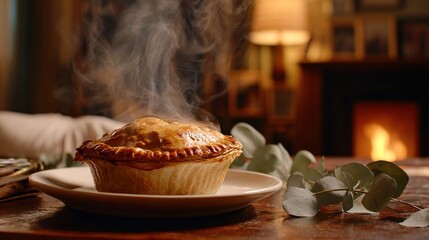 tremble. Golden-crusted meat pie steaming on ceramic plate with eucalyptus leaves, perfect for food branding and culinary content, ideal for chefs and restaurant marketers, versatile for. designed.