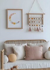 Bohemian Chic Nursery Decor with Rattan Sofa and Wooden Wall Hanging