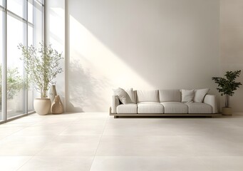 Minimalist Modern Living Room Interior with White Sofa and Plants