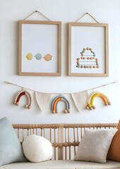 Bohemian Nursery Decor with Wooden Rainbow Wall Hanging and Prints