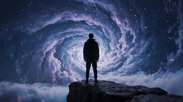 Silhouette stands on a cliff overlooking a swirling purple cosmic vortex