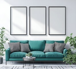 Modern Teal Sofa with Black Frames and Plants