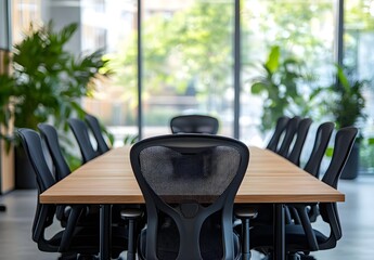 Modern Office Conference Room with Wooden Table and Ergonomic Chairs