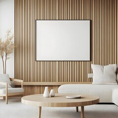 Minimalist Living Room Interior with Wooden Wall and Blank Canvas
