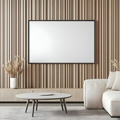 Modern Living Room Interior with Wooden Wall and Blank TV Screen