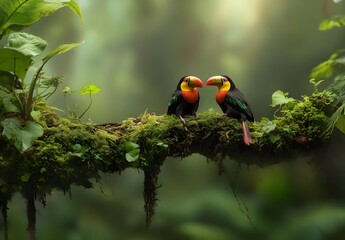 Naklejka premium Two Collared Aracaris Perched on Mossy Branch in Rainforest