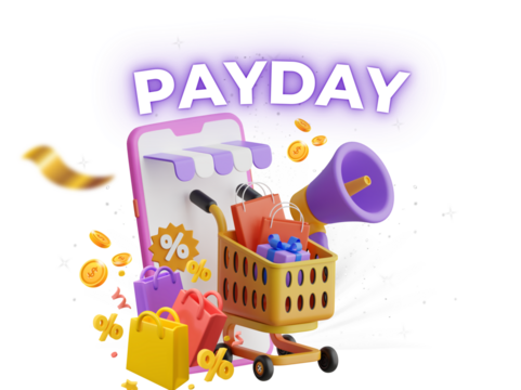 3D Rendered Payday Shopping Cart Full of Goods with Smartphone Illustration