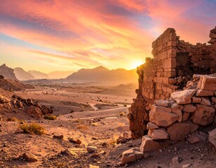 Majestic sunrise illuminates ancient stone ruins overlooking a desert landscape with mountains