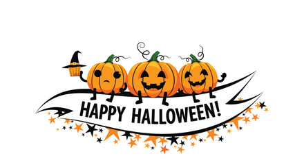 Adorable Halloween pumpkins smiling and celebrating on a banner of stars, perfect for spooky season invitations and festive greeting cards this year