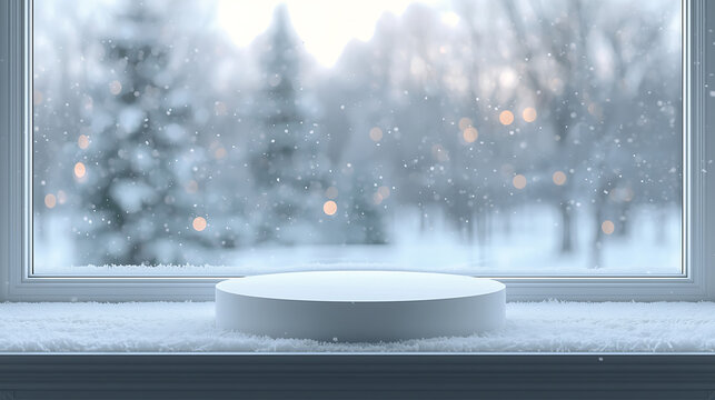 A clean white podium sits on a snowy windowsill with delicate frost textures. The background features a softly blurred winter forest and gentle bokeh lights, creating a calm and elegant seasonal atmos