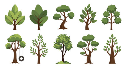 Fototapeta premium Delightful cartoon trees collection for children's books and nature-themed designs, evokes a playful, whimsical forest atmosphere with vibrant green foliage