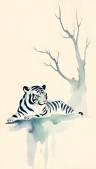 "Aquarelle White Tiger Resting Under a Bare Tree"