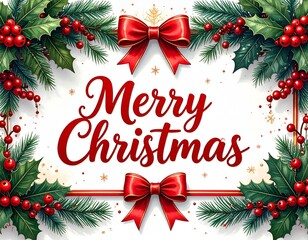 Festive Merry Christmas Greeting Card Illustration with Elegant Holly, Red Berries, and Bows, Perfect for Holiday Celebrations and Seasonal Wishes