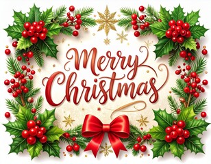 Festive Merry Christmas Wreath with Red Bow and Holly Berries, Golden Stars, and Festive Greeting