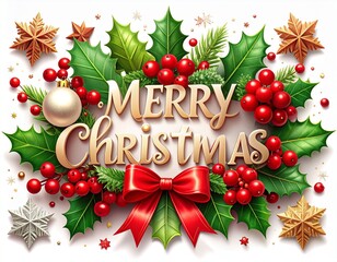 Merry Christmas Festive Holiday Greeting Card Design with Holly Berries and Decorations