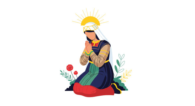 Woman in traditional clothes kneeling in prayer with flowers, radiating devotion and tranquility, perfect for faith-based projects and cultural events