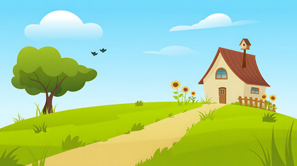 Fototapeta premium Cartoon house on a green hill with a tree and sunflowers under a blue sky Keywords: house, cartoon, cottage, home