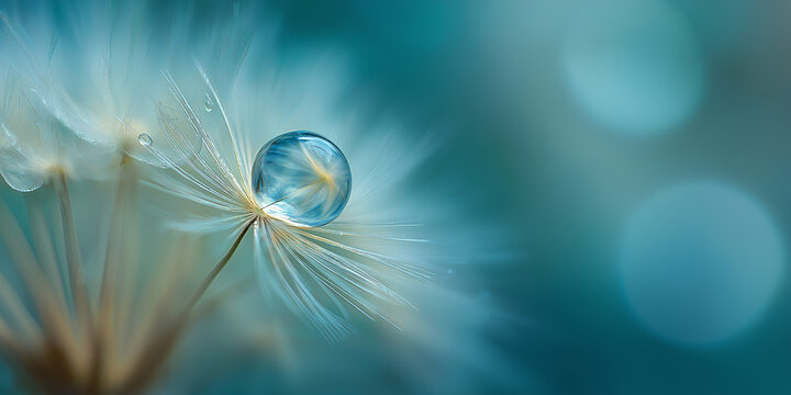Single dandelion seed with water droplet delicately balanced on it, set against soft blue background, creates serene and ethereal atmosphere