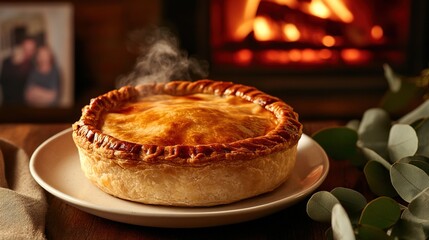 tremble. Golden-crusted meat pie steaming on ceramic plate with eucalyptus leaves, perfect for food branding and culinary content, ideal for chefs and restaurant marketers, versatile for. designed.