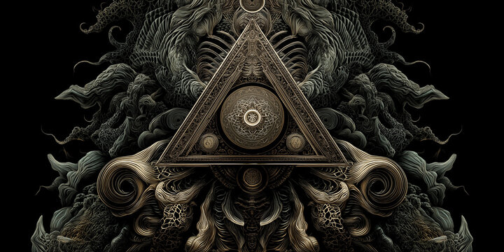 Intricate geometric design with central triangle surrounded by swirling patterns and abstract shapes, creating mystical and intense atmosphere