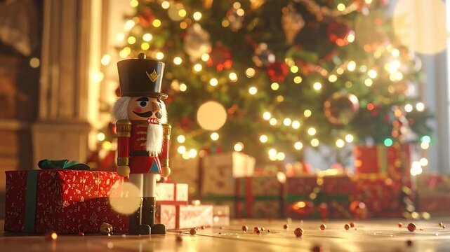 Festive Nutcracker Figure Stands Guard Beside Decorated Christmas Tree and Wrapped Gifts in Warm Soft Lighting with Bokeh Effects