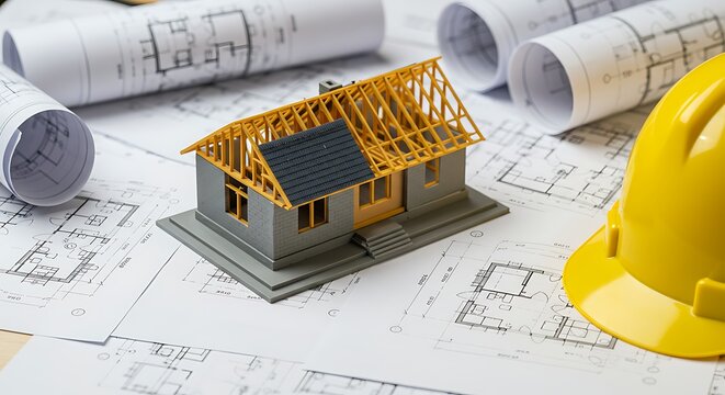Miniature house model with architectural blueprints and a yellow hard hat - Powered by Adobe
