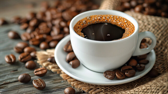 Aromatic Coffee Cup with Beans on Rustic Wood Table