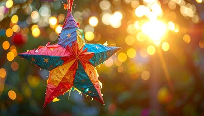 Colorful seven-pointed star piñata, traditionally representing the seven deadly sins, hanging during the festive Latin American holiday, Las Posadas.