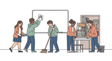 Dedicated students working together to meticulously clean and tidy a shared educational space