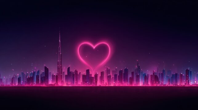 Vibrant Cyberpunk Skyline Showcasing a Pink Hologram Heart Billboard With a Clear Sky for Valentines Day Messages