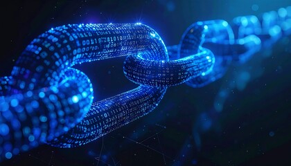 Glowing digital chain, formed by binary code links, abstract crypto art