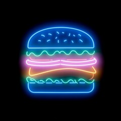 Colorful neon light burger icon glowing in the dark, a retro-style sign for a restaurant, bar, or diner advertisement