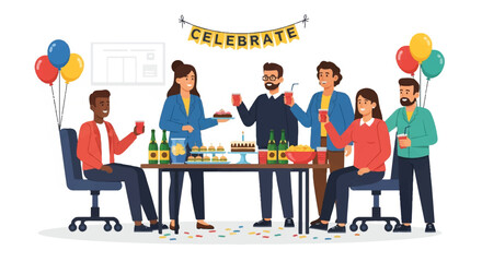 Office Party Celebration with Colleagues Enjoying Drinks and Cake