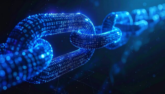 Glowing digital chain, formed by binary code links, abstract crypto art