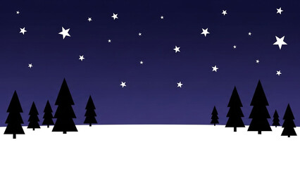 A serene winter night scene featuring silhouetted pine trees against a dark blue sky filled with twinkling stars, creating a peaceful and magical atmosphere