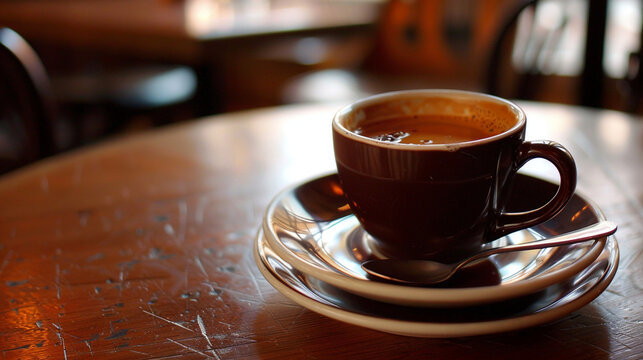 Fresh Brewed Coffee with Beans on Natural Wood Surface