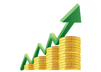 Green arrow graph shows upward trend over stacked gold coins