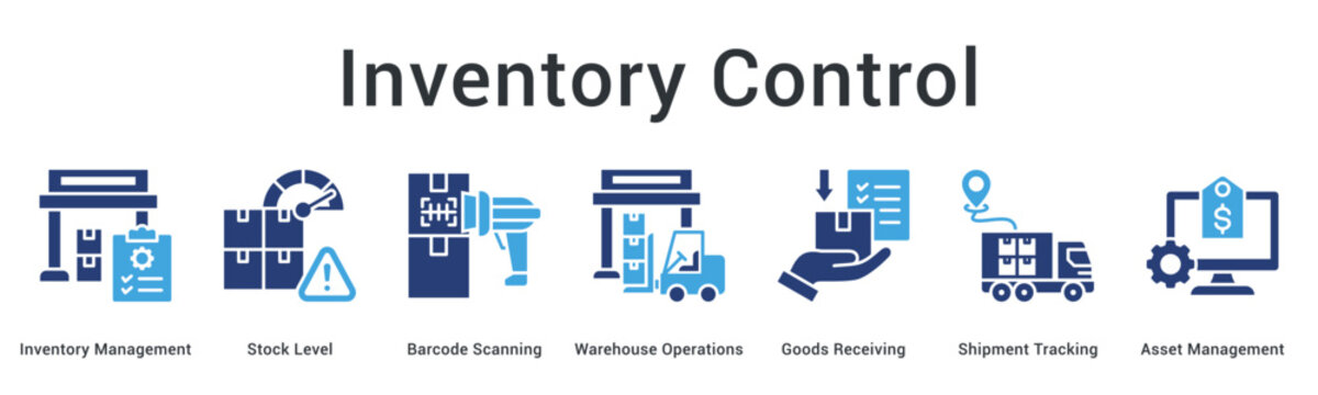 Inventory control banner web icon manages stock levels through barcode scanning in warehouse operations efficiently.