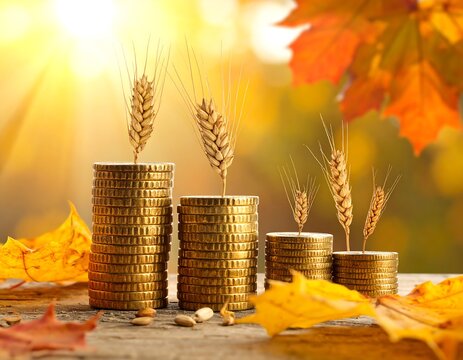 Golden coins with wheat stalks growing, autumnal scene
