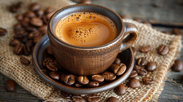 Hot Coffee Mug with Coffee Beans on Wooden Background