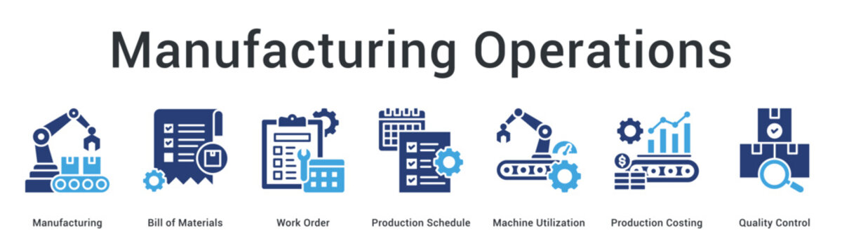 Manufacturing operations banner web icon manages bill of materials work orders schedules machine utilization and costing.