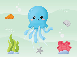 Cute Jellyfish with background under sea