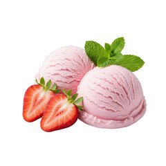 Two Scoops of Strawberry Ice Cream with Fresh Strawberries and Mint