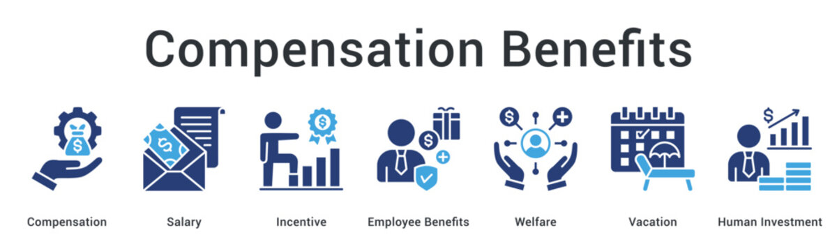 Compensation benefits banner web icon displaying salary and incentives with welfare programs and vacation investment planning.