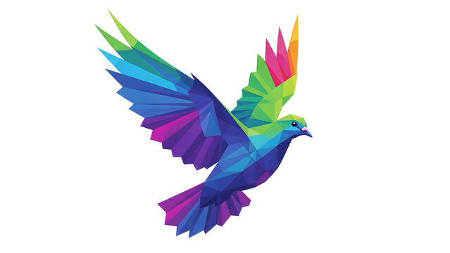 A vibrant, multi-colored geometric bird in flight, created with a low-poly, origami-like style on a clean white background. - Powered by Adobe