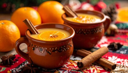 High-resolution photo of traditional Mexican Ponche Navideño served hot in clay cups, garnished with orange and cinnamon for Las Posadas.