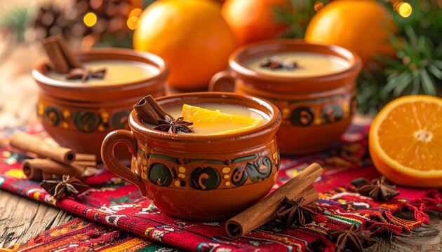 Close-up of Ponche Navide&ntilde;o, the holiday fruit punch, served in traditional jarritos with spices and fruit slices for the Las Posadas feast.