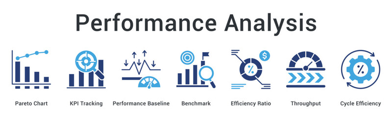 Performance Analysis banner web icon tracks KPIs against baseline benchmarks measuring efficiency ratios and throughput cycles.